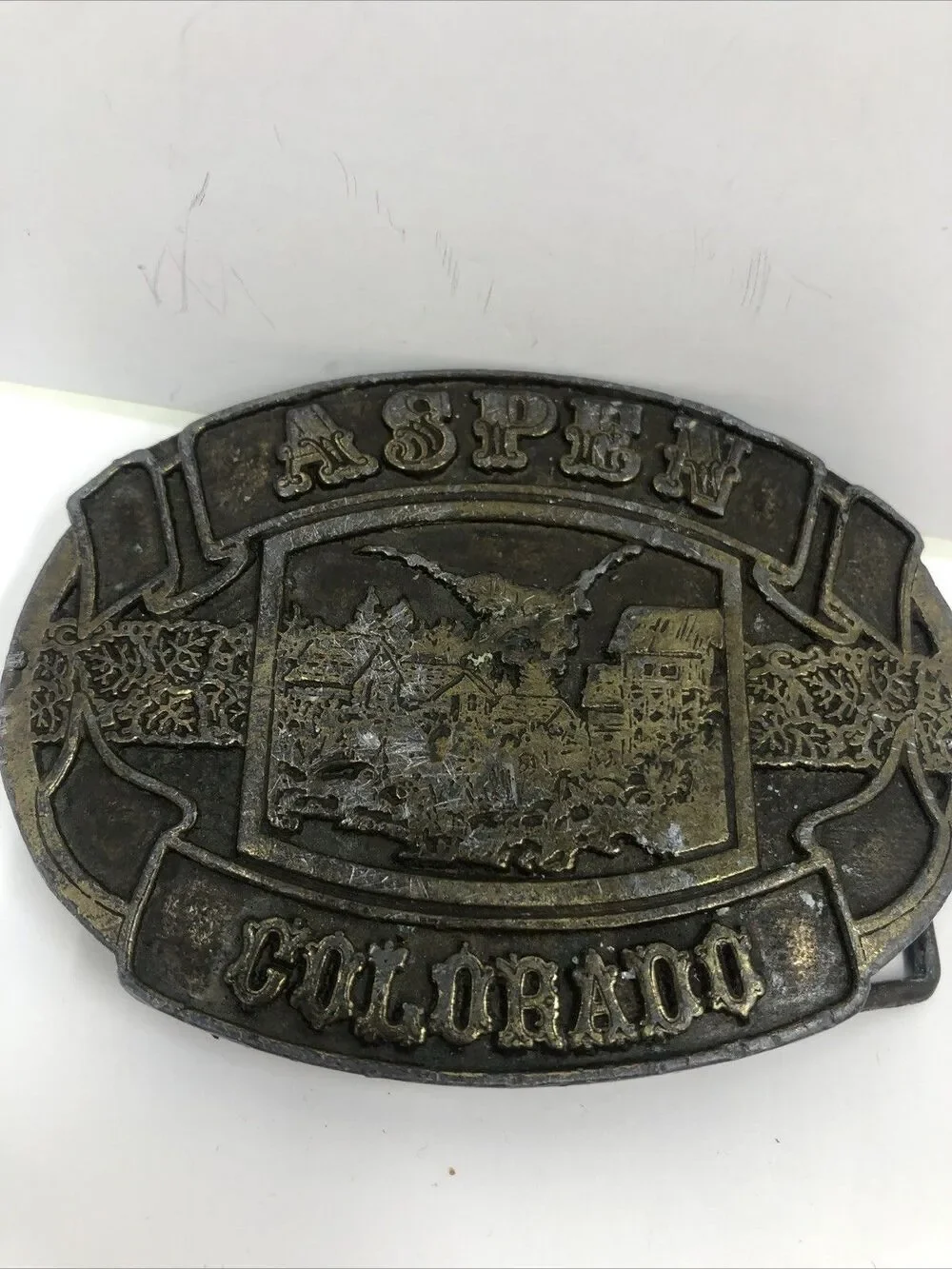 Belt Buckle Aspen Colorado Dark Brass or Bronze Colorado  3 1/4 “x 2 1/2